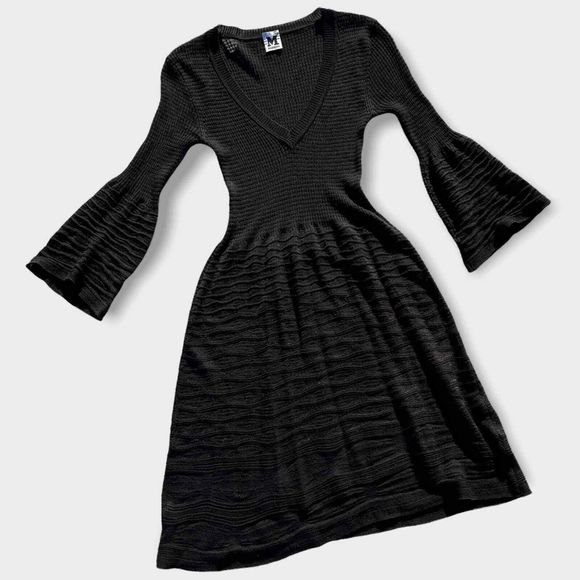 2000s Missoni Merino Wool Knit Dress 40 Black Bell Sleeve Knee Length Witchy Y2K - Picture 1 of 8